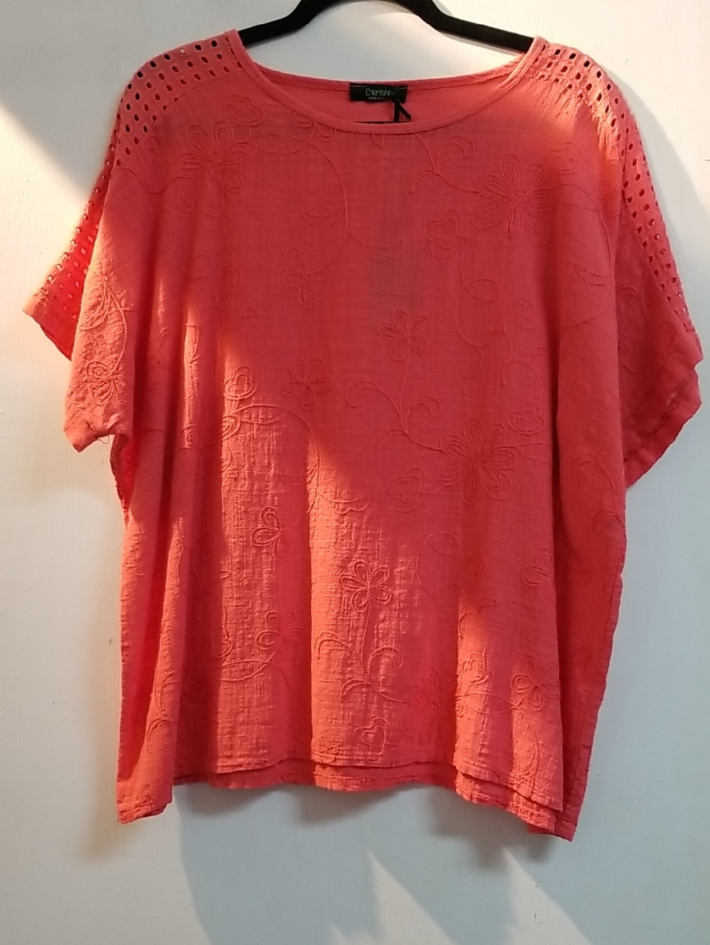 Cherish Coral Eyelet & Embroidered Tunic Top